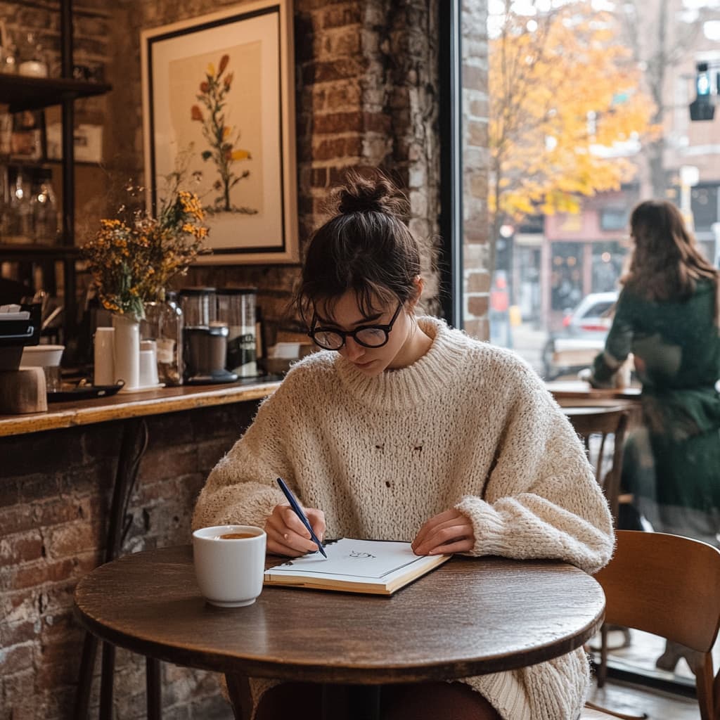 A cozy, inviting coffee shop interior with warm, rustic decor. The shop has exposed brick walls, adorned with framed art featuring muted earth tones and small shelves holding potted plants. In the foreground, a person wearing a soft, oversi
