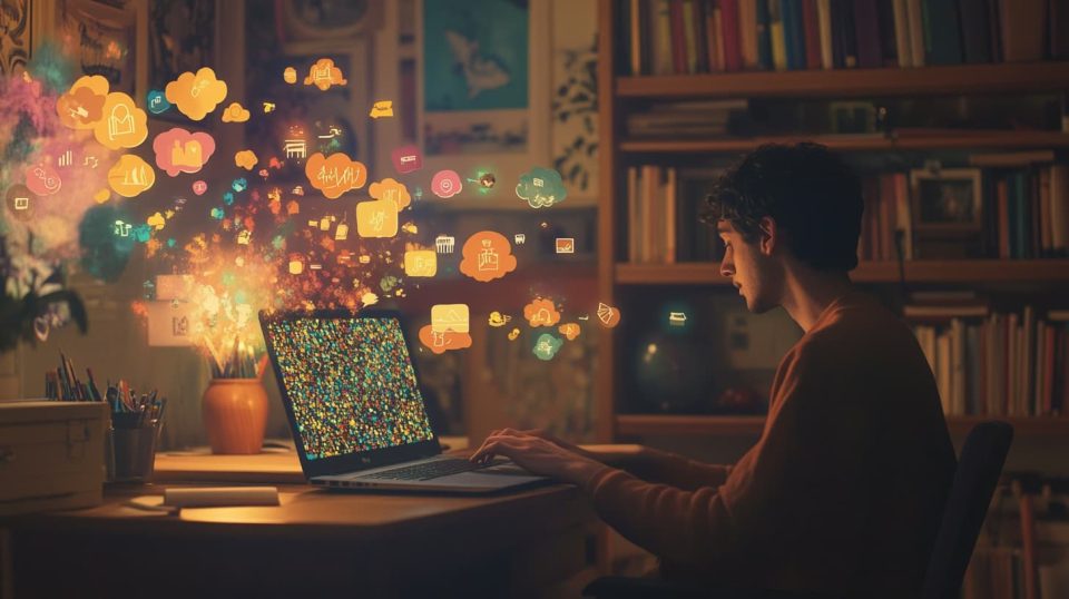 A cozy room with a soft-focus background of bookshelves and artwork. ai generated
