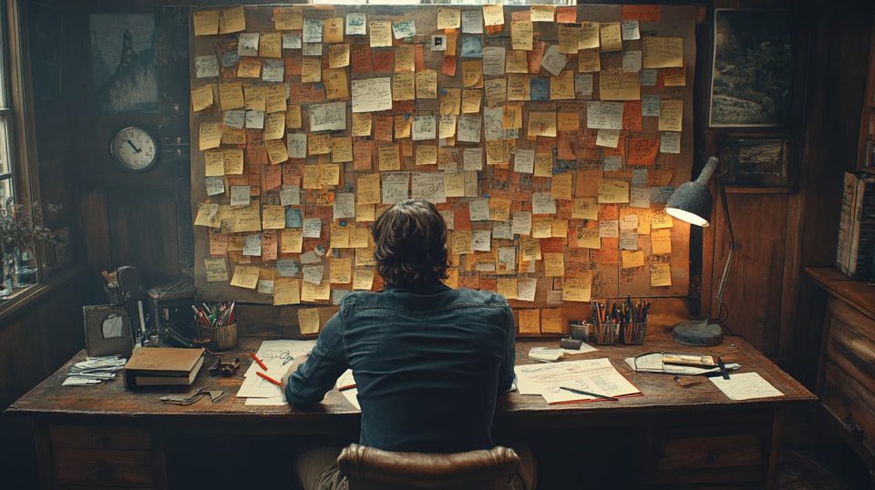 A cozy scene of someone seated cross-legged on a carpet, creating a timeline using colorful sticky notes on a large sheet of paper. ai generated