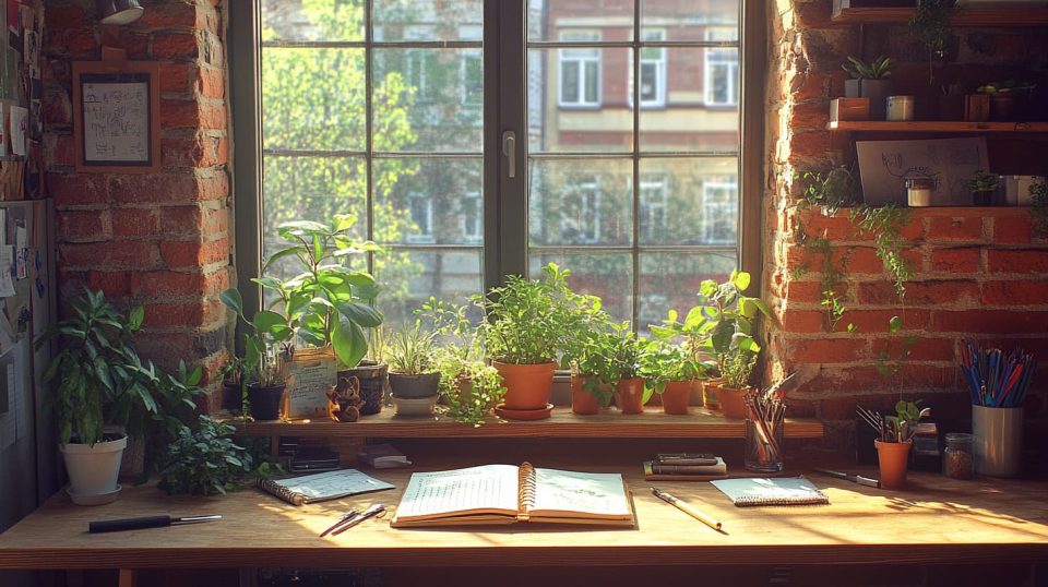 A cozy workspace with wooden planks, tools, and a notebook open to a budget planner. ai generated