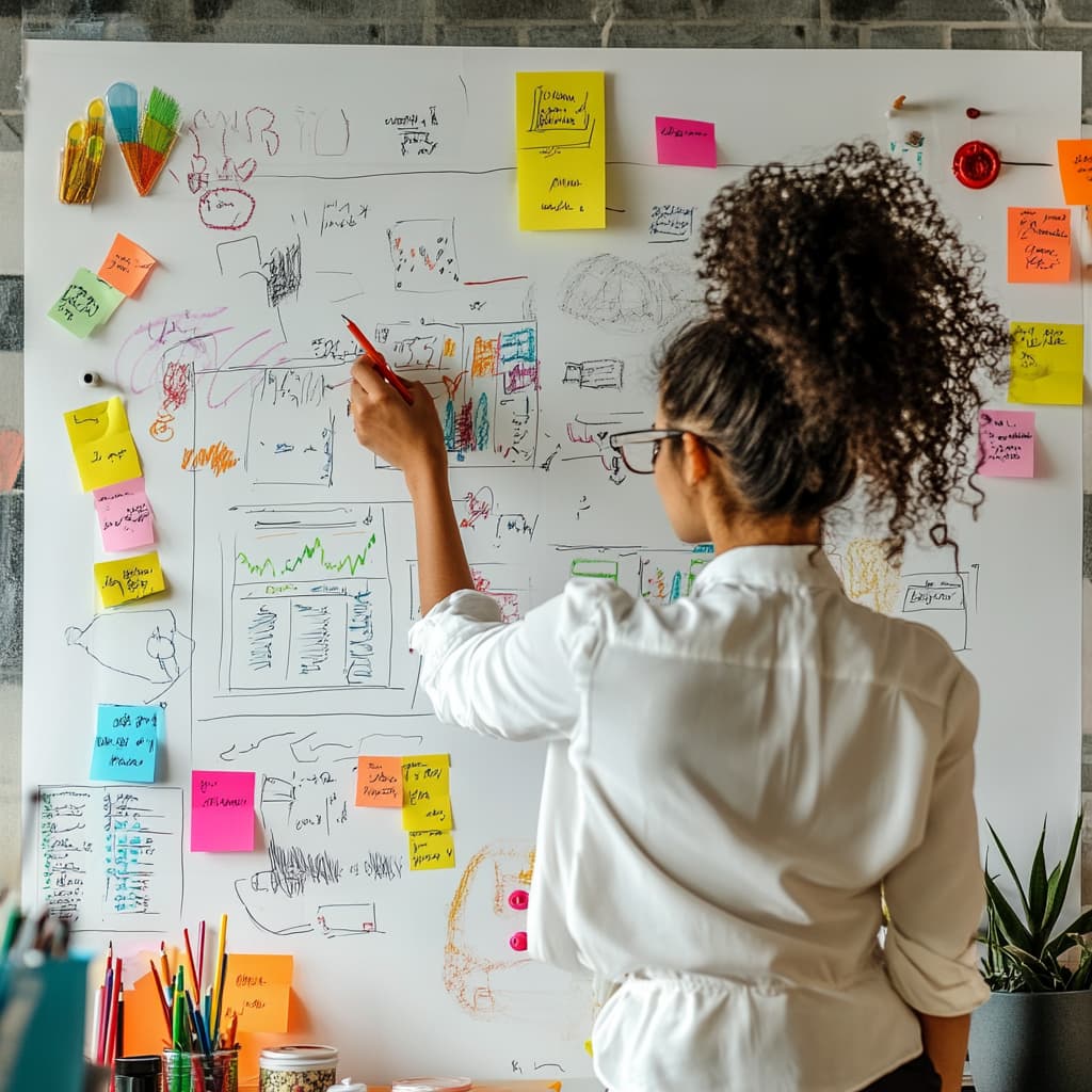 A creative academic designing a questionnaire on a whiteboard, surrounded by colorful markers, post-it notes, and sample forms. ai generated