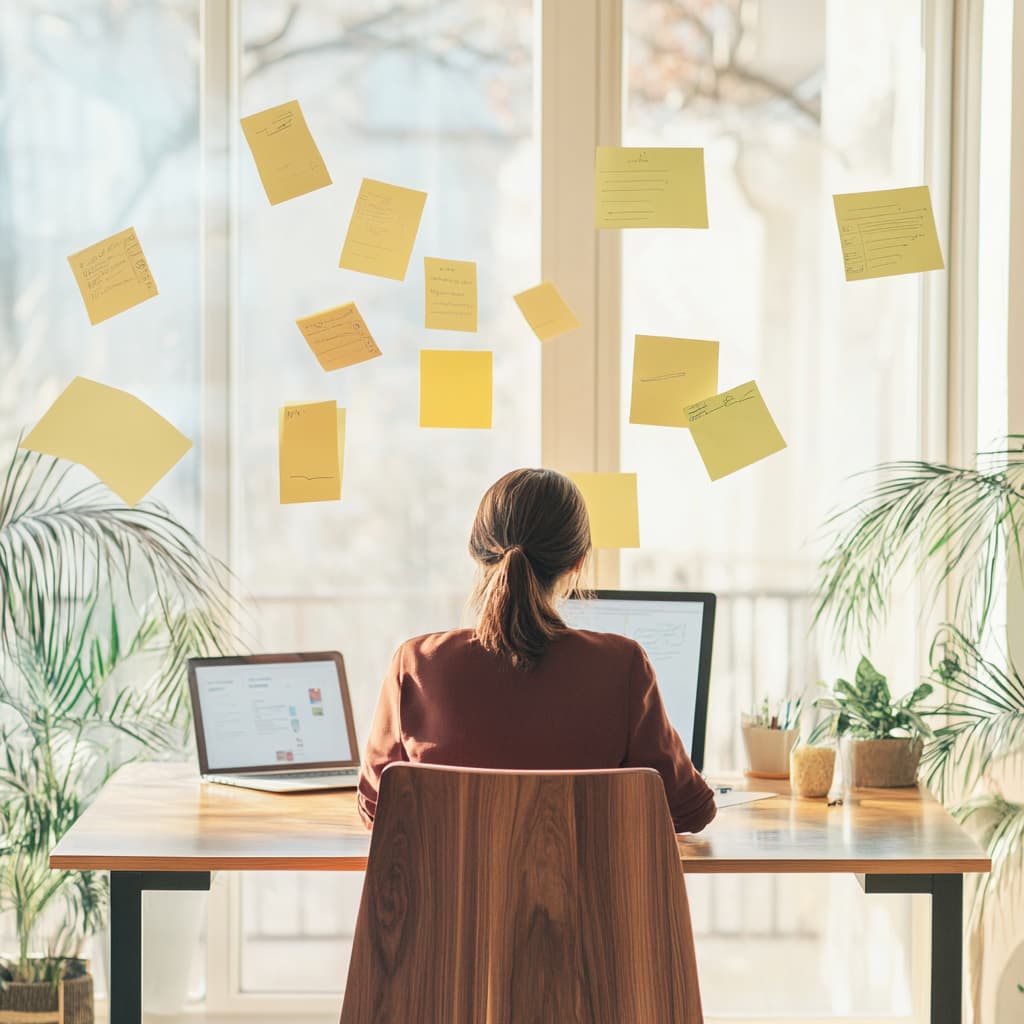 A creative individual sits at a sleek wooden desk in a bright, sunlit room. ai generated