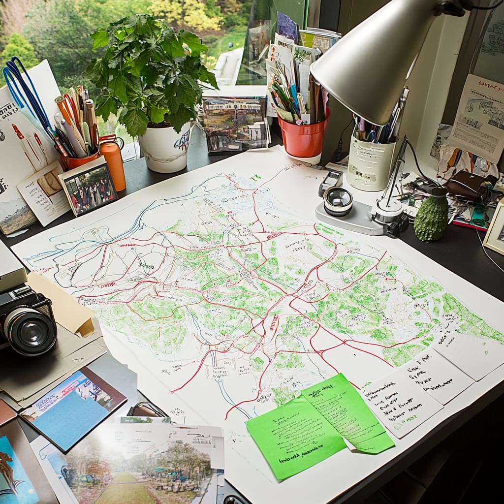 A creative workspace featuring a large, detailed paper map spread out with hand-drawn routes and annotations for attractions. ai generated