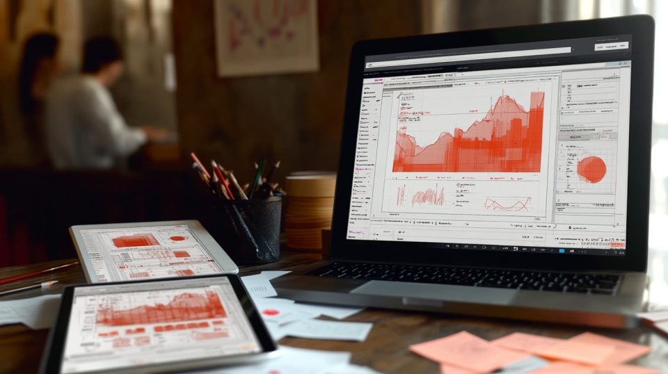A creative workspace with a laptop displaying a software prototype with various design elements and graphs on the screen. ai generated