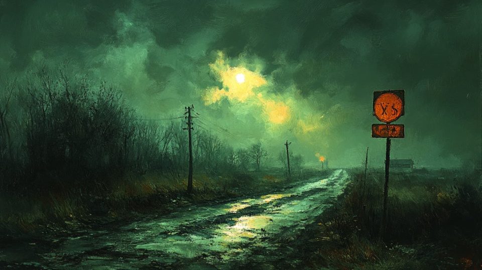 A crossroads in a dark forest, with eerie signs pointing to different paths. ai generated