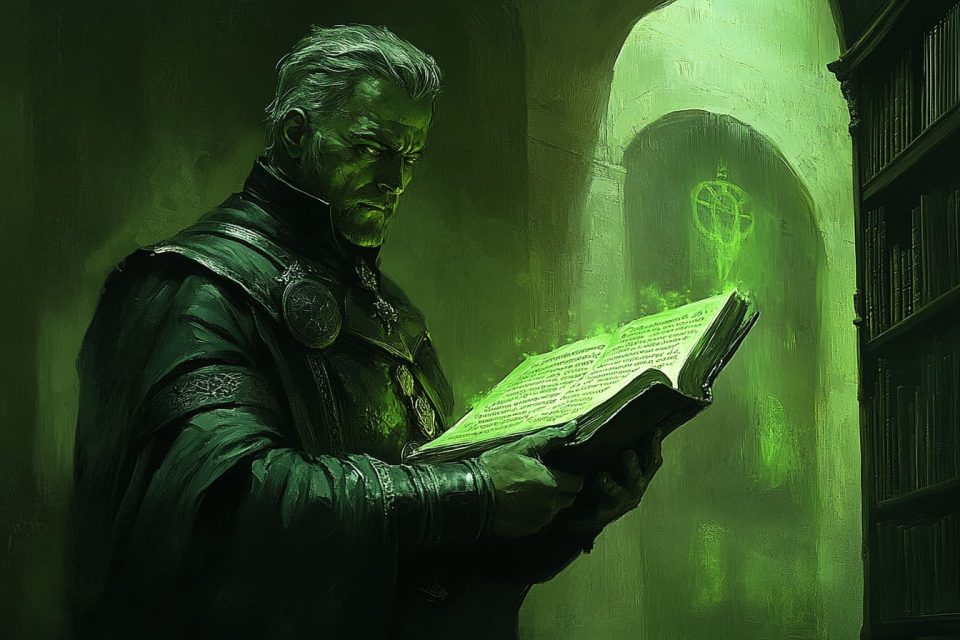 A curious protagonist in a spooky library, flipping through an ancient book with glowing text on its pages.. ai generated