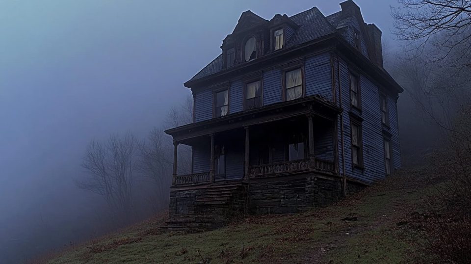 A decrepit Victorian mansion on a hilltop, surrounded by dense fog, with leafless trees framing the house. ai generated