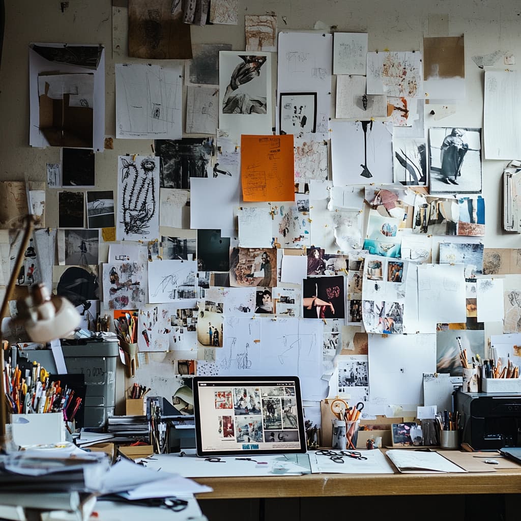 A designer’s cluttered studio with multiple drafts of posters and advertisements pinned to the walls. ai generated