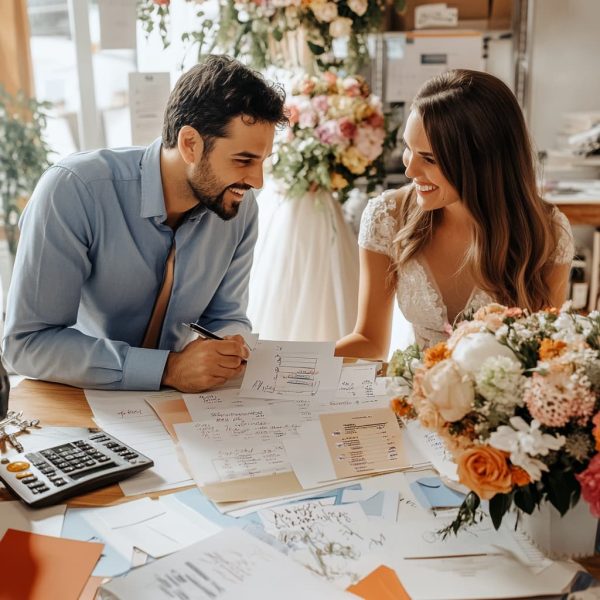 A detailed wedding planning scene featuring a couple casually reviewing their wedding budget at a tidy desk. ai generated