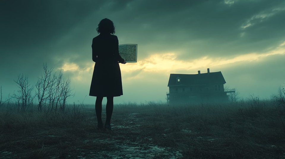 A determined-looking person holding an old map, standing at the edge of a decrepit, shadowy mansion under a stormy sky. ai generated