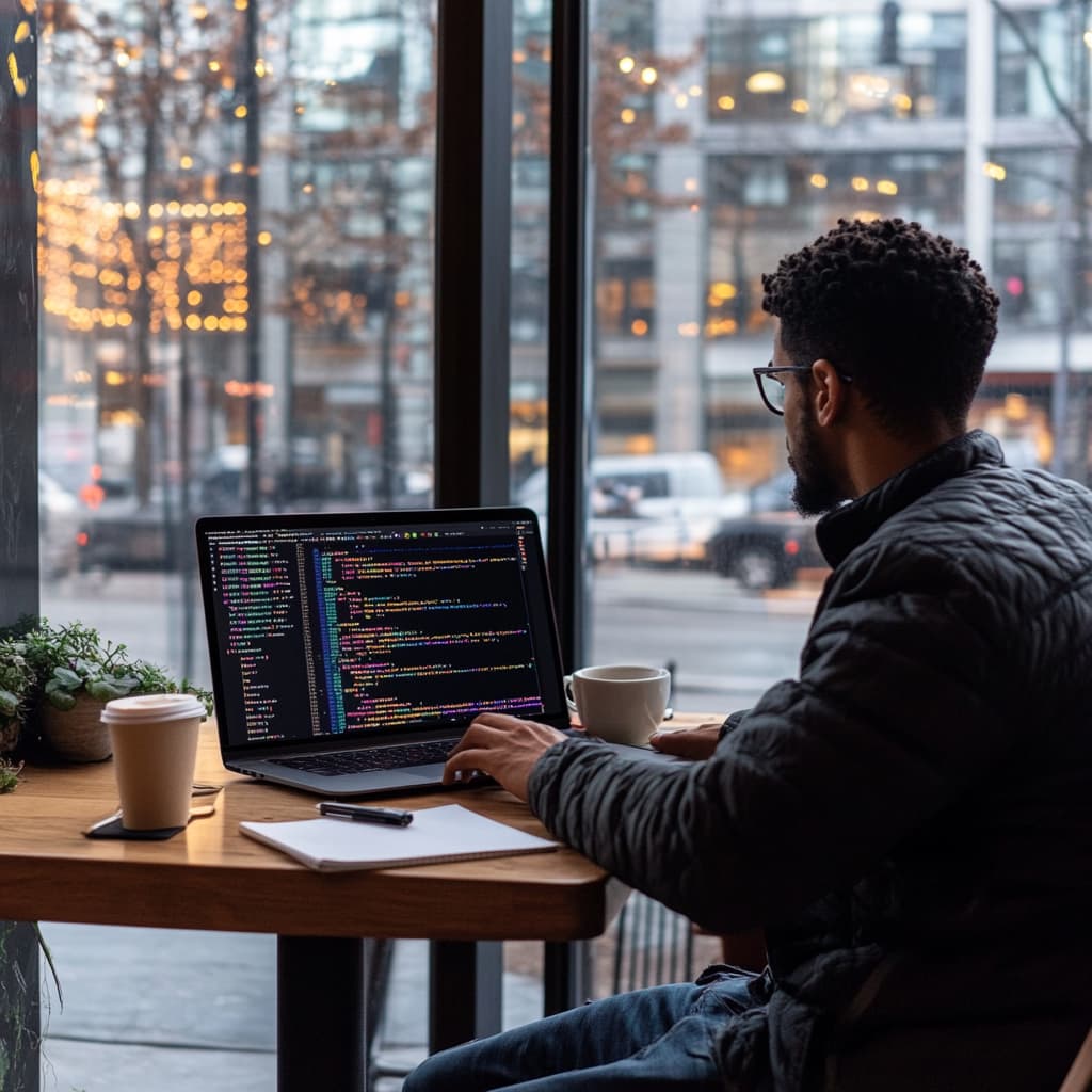 A developer sitting at a modern café, working on a laptop with a beautiful website preview on one side of the screen and clean code on the other. ai generated