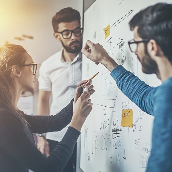 A digital marketing team brainstorming around a whiteboard filled with notes and diagrams about SEO strategies and keyword ideas. ai generated
