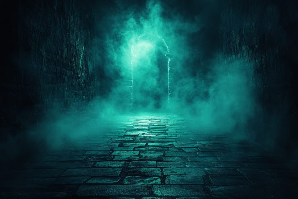 A dimly lit cobblestone alley with glowing green fog and indistinct whispers. ai generated
