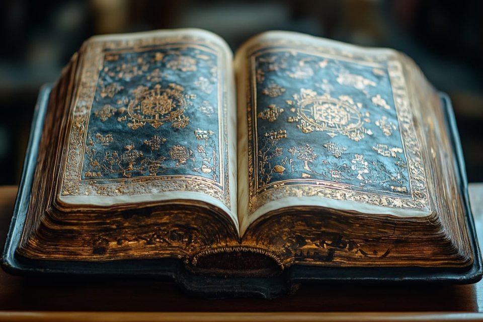 A dimly lit study room with eerie shadows cast on the walls, an old book open with mysterious symbols. ai generated