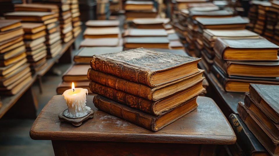 A dimly lit study with a single candle on an old wooden desk. ai generated