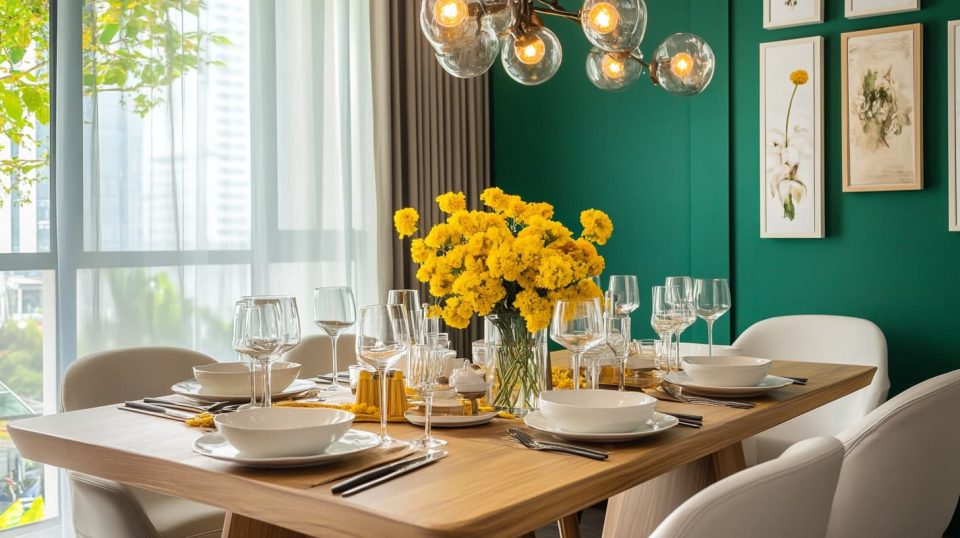 A dining room with a green accent wall, a wooden dining table set with elegant tableware. ai generated
