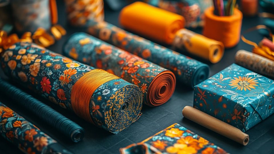 A dining table filled with craft supplies, such as ribbons. ai generated