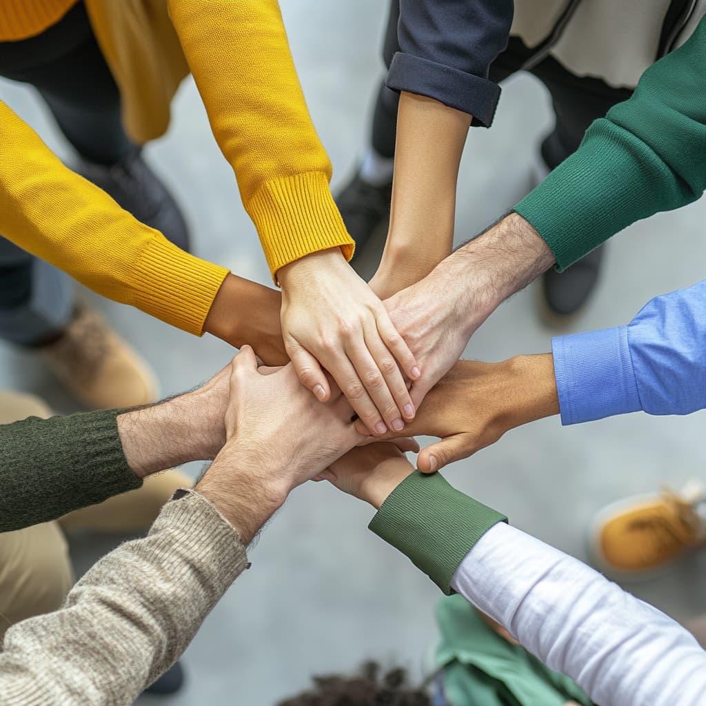 A diverse group of people forming a supportive circle, hands joined ai generated
