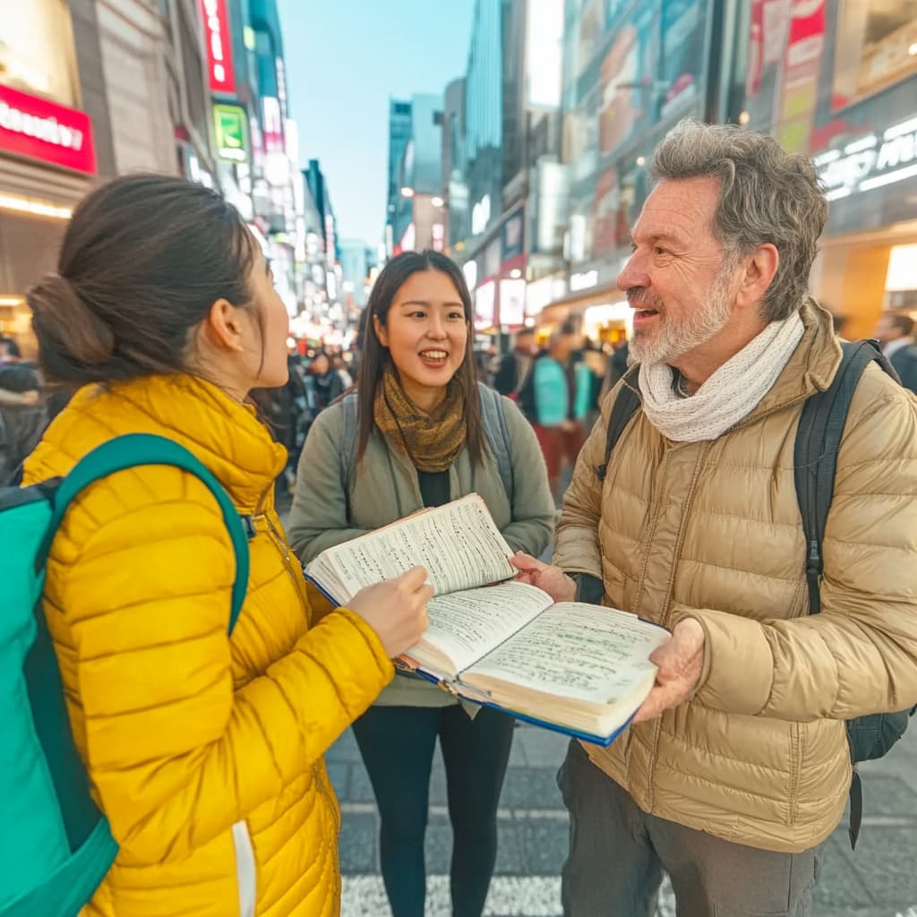 A diverse group of people in real-world scenarios: a tourist asking for directions on a busy street. ai generated