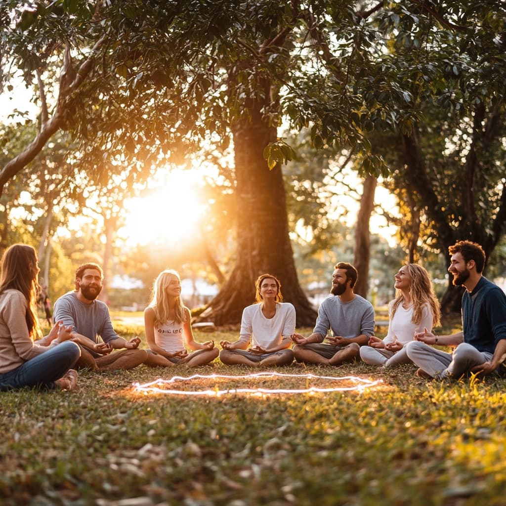 A diverse group of people meditating in a circle in a lush, open field. They are connected by subtle glowing lines or threads, representing the shared knowledge and collective wisdom of the mindfulness community. ai generated