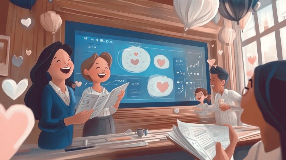 A dynamic office environment where a marketing team is gathered around a large screen displaying a campaign dashboard with metrics. ai generated
