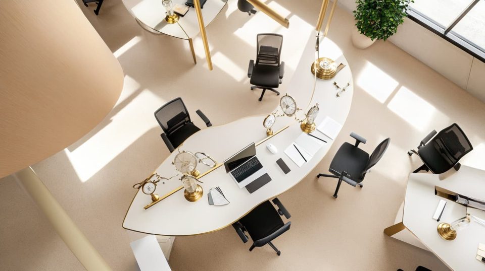 A dynamic workspace with a sundial-inspired floor design, featuring efficient organization systems and streamlined workstations ai generated.