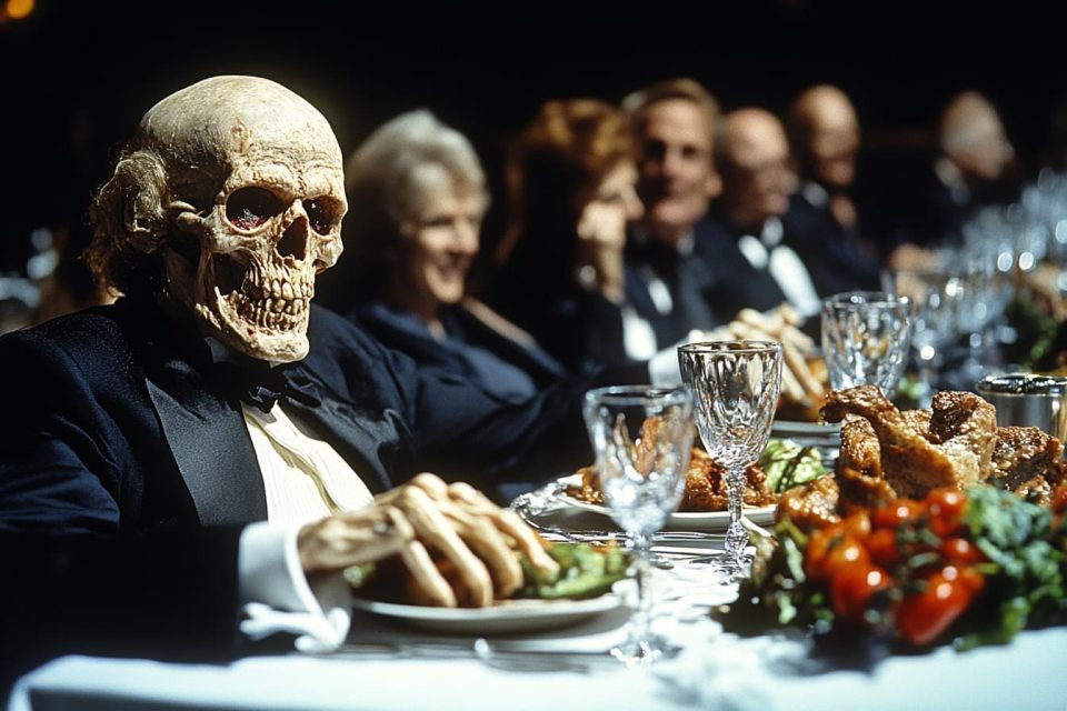 A family dinner scene with everyone smiling, except one guest who looks subtly ghostly with a horror theme. ai generated