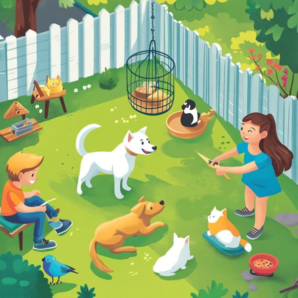 A family interacting with their pets in a backyard. ai generated