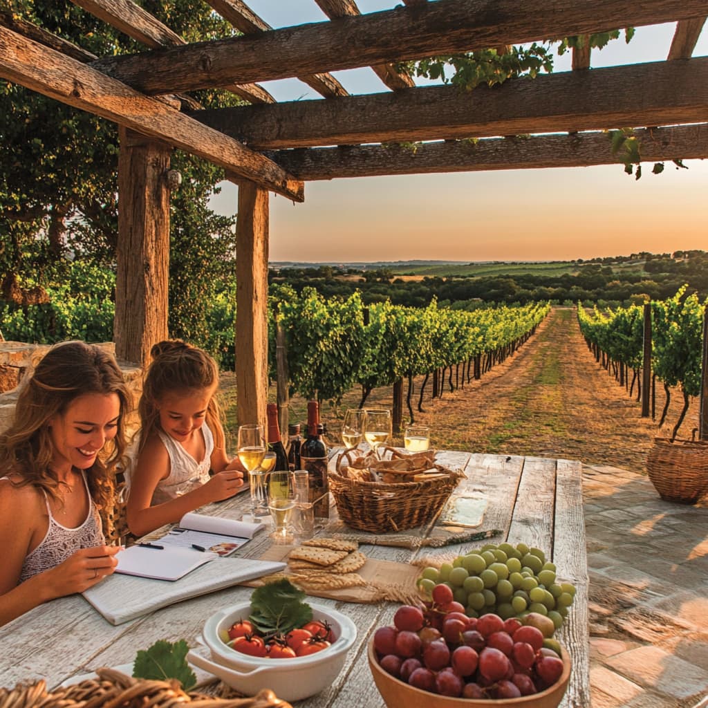 A family relaxing at a villa in Spain, enjoying a meal outside under the sun. ai generated
