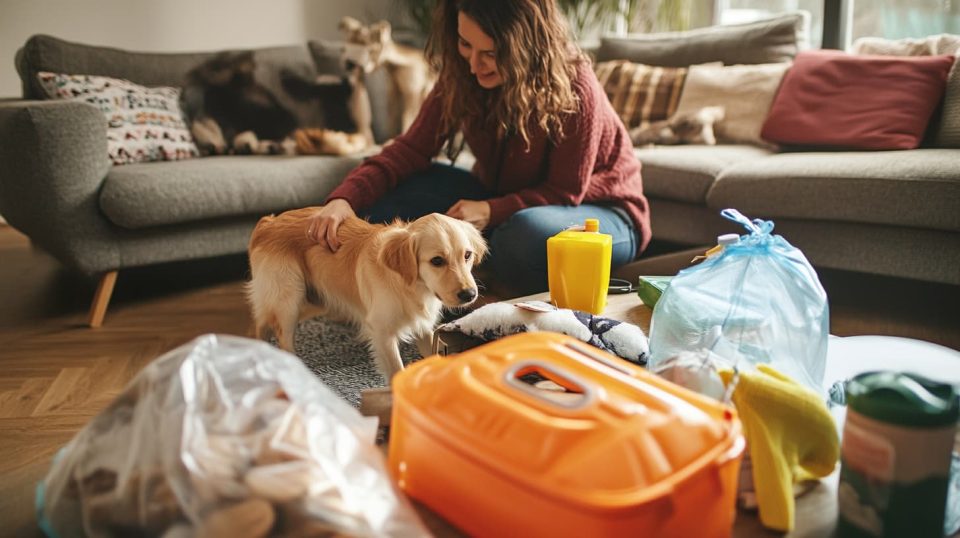 A family with their pet (dog or cat) preparing an emergency kit in a cozy home setting. ai generated