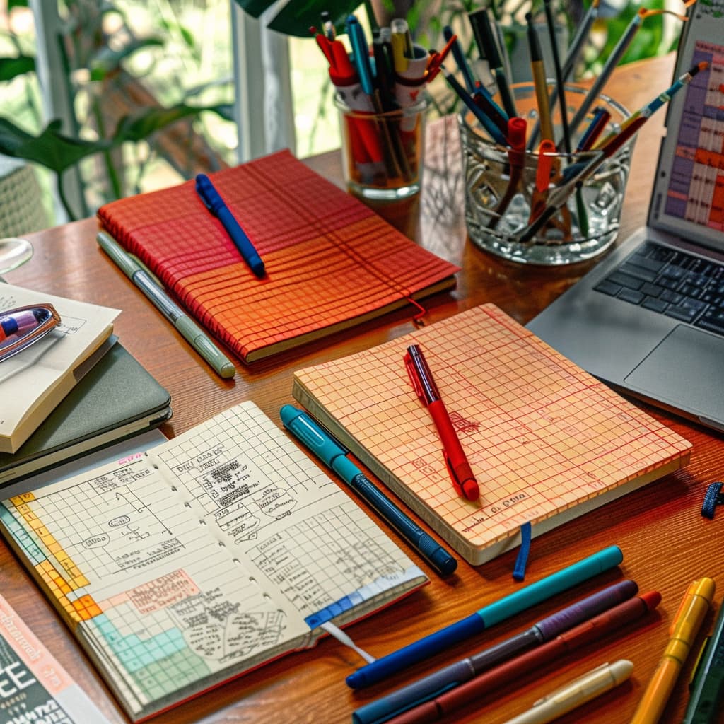 A focused student drafting a research paper outline in a stylish notebook, surrounded by inspirational quotes, colorful pens, and academic resources. ai generated