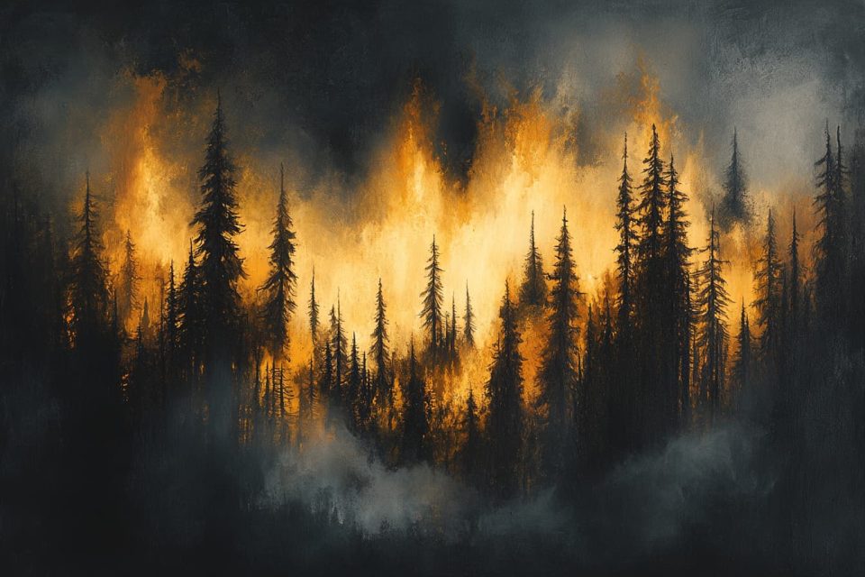 A fog-covered forest with shadowy figures barely visible among the trees. ai generated