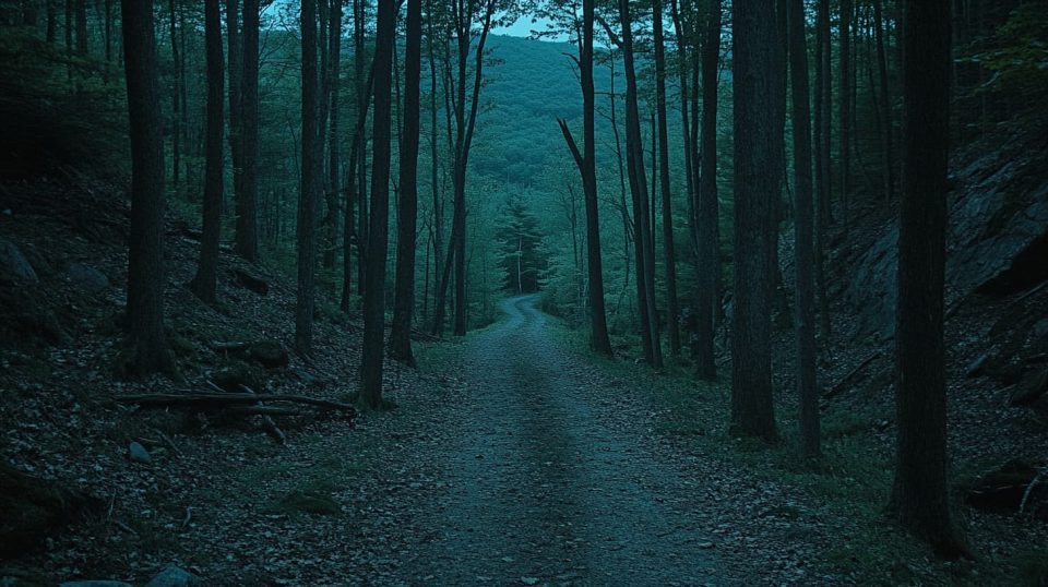 A forest path at dusk, where the fading light creates long shadows between the trees. ai generated