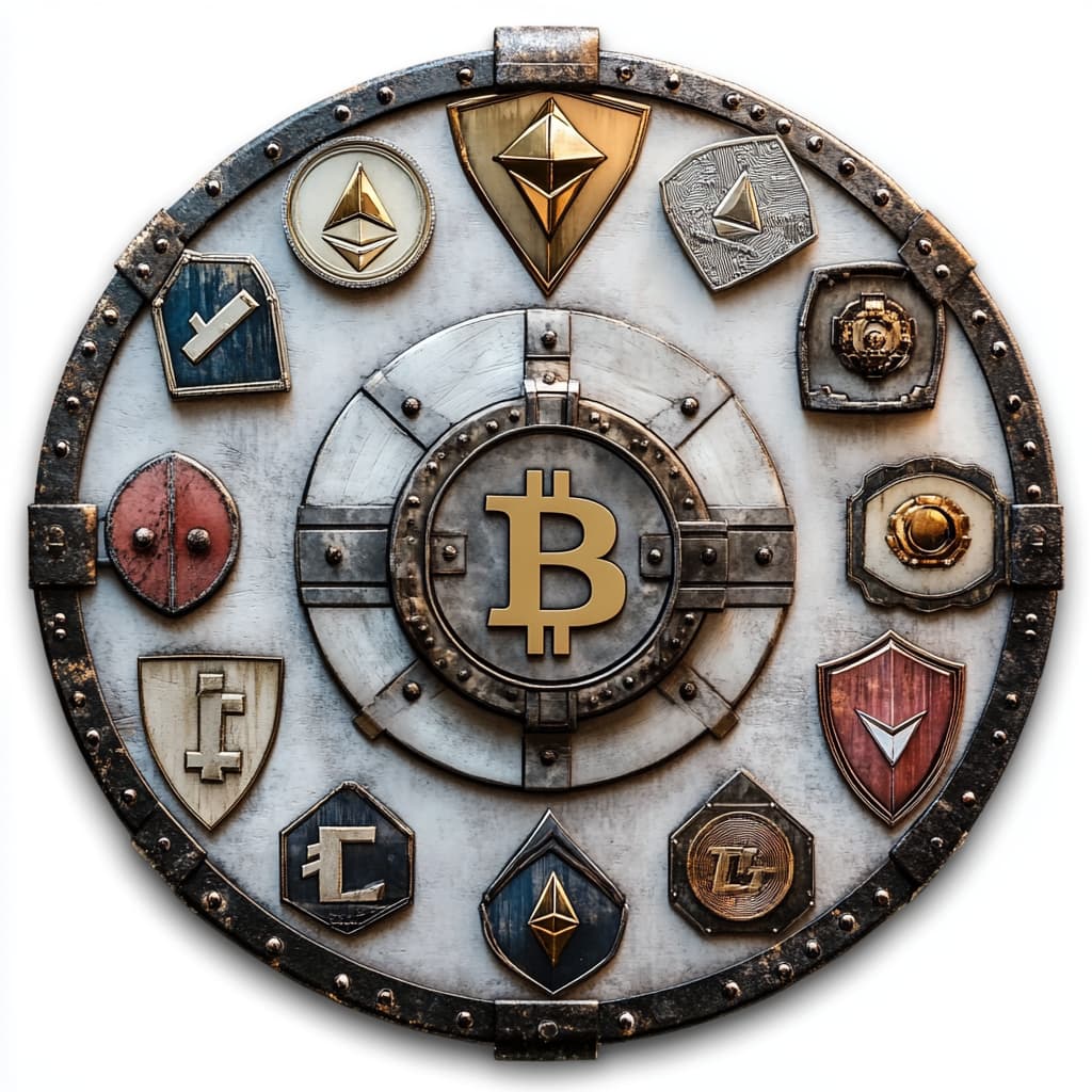 A fortified vault with a cryptocurrency logo, surrounded by shields representing different risk management strategies like stop-loss orders and diversification - AI generated