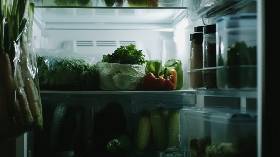 A fridge filled with fresh produce and leftovers, each ingredient organized in clear containers to emphasize mindful consumption and waste reduction. ai generated