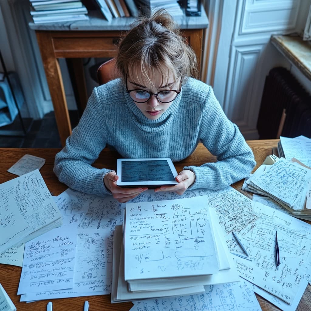 A frustrated learner sitting at a desk, surrounded by language books and notes. ai generated