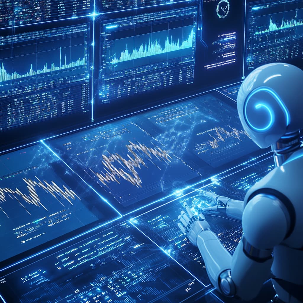 A futuristic AI robot analyzing multiple holographic cryptocurrency charts and symbols, with electric blue energy flowing between the robot and the charts - Ai generated