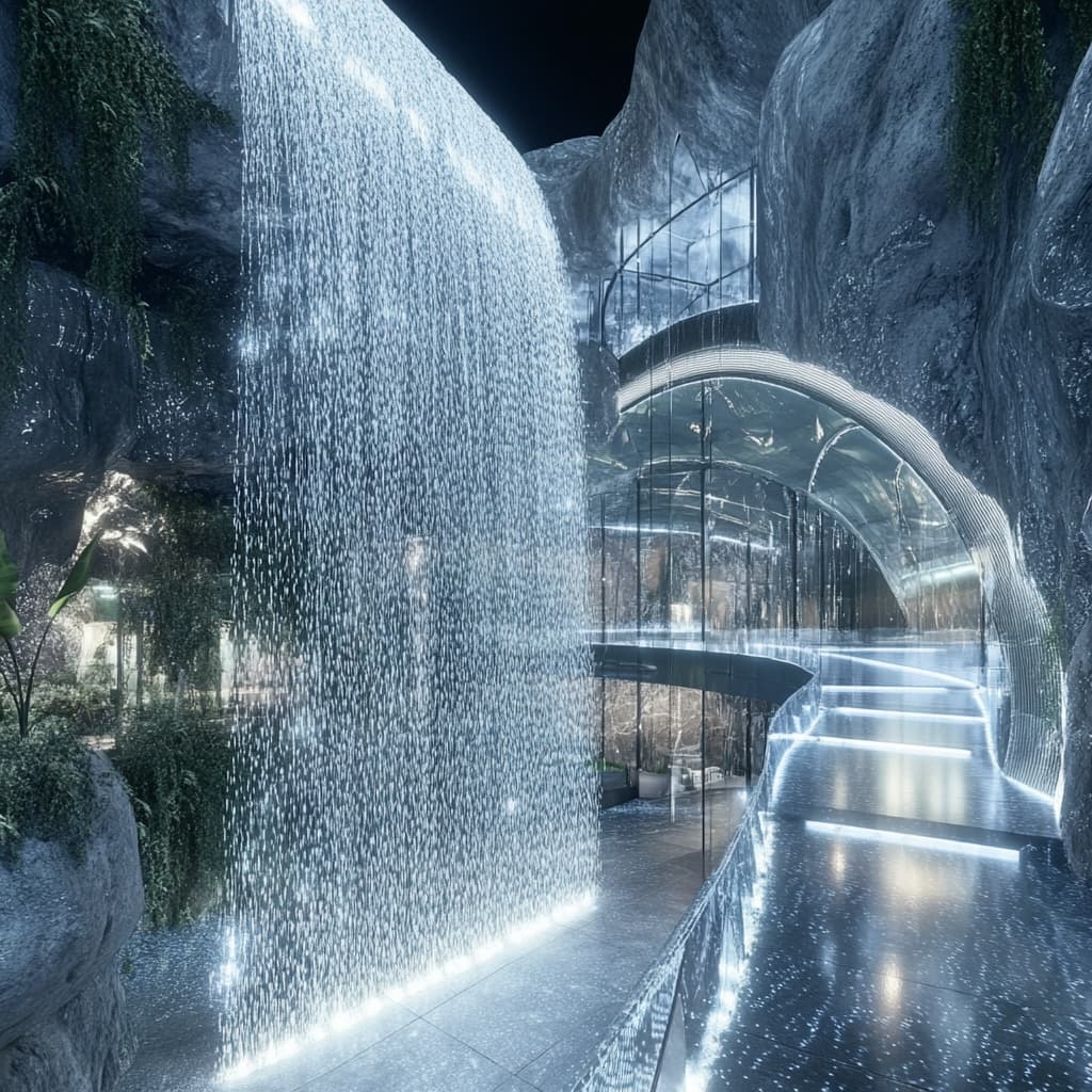 A futuristic bridge made of flowing data and light, connecting a high-tech city on one side to a serene natural paradise on the other. ai generated