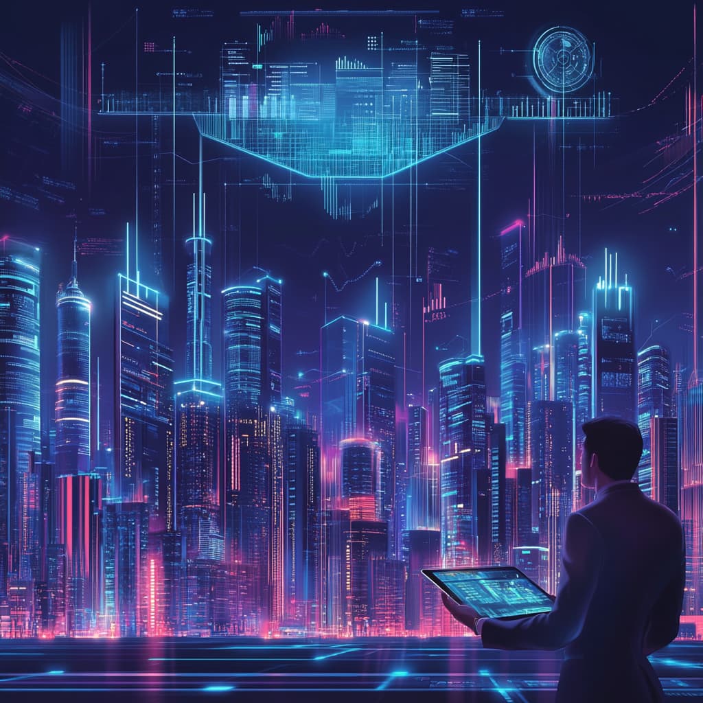 A futuristic cityscape with a blend of modern skyscrapers, residential buildings, and commercial properties interconnected by glowing digital data streams. Ai generated