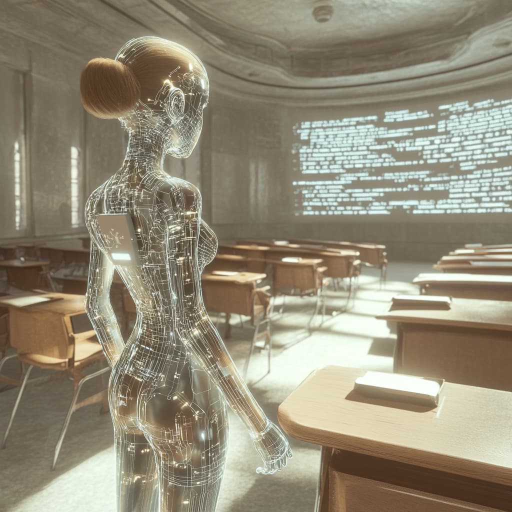 A futuristic classroom setting with an AI professor at the front. - AI generated