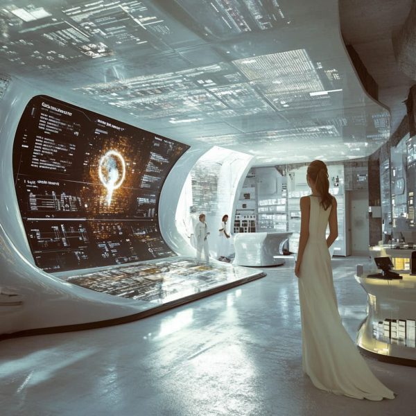 A futuristic customer service center where human agents and AI assistants work seamlessly together. In the center a large holographic display shows the ChatGPT logo pulsing with energy - ai generated