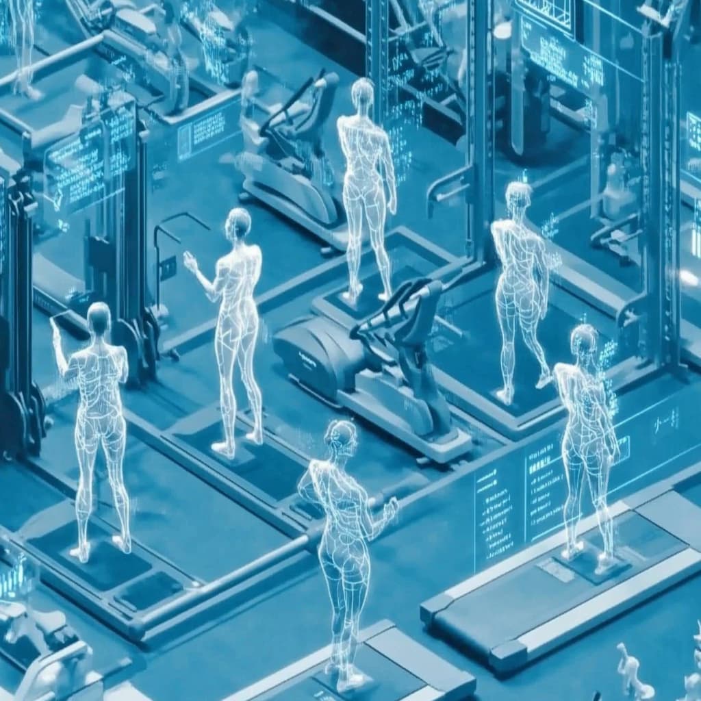 A futuristic gym where multiple versions of the same person are working out, each representing a different fitness goal - ai generated
