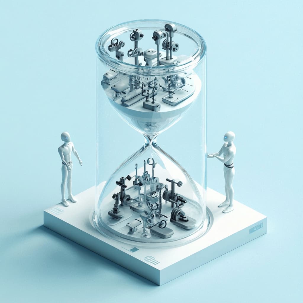 A futuristic hourglass filled with miniature exercise equipment instead of sand. ai generated