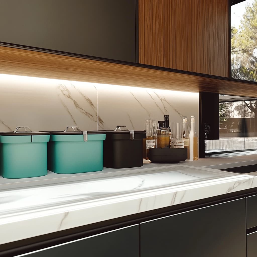 A futuristic kitchen with hidden storage solutions, sleek countertops, and an organized pantry. ai generated