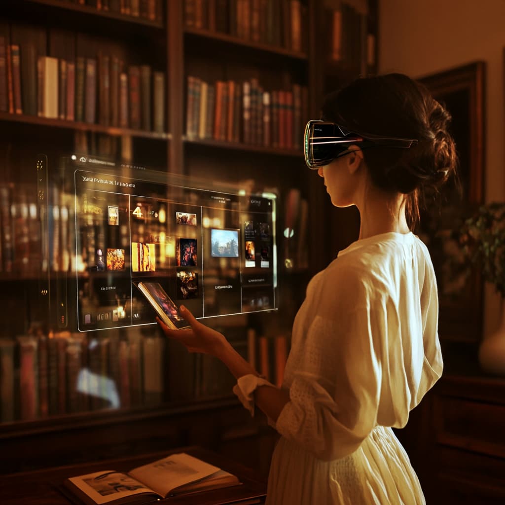 A futuristic setting where a person is browsing book recommendations on a holographic interface, with advanced features like mood-based and situational book suggestions, showcasing the future potential of the GPT ai generated
