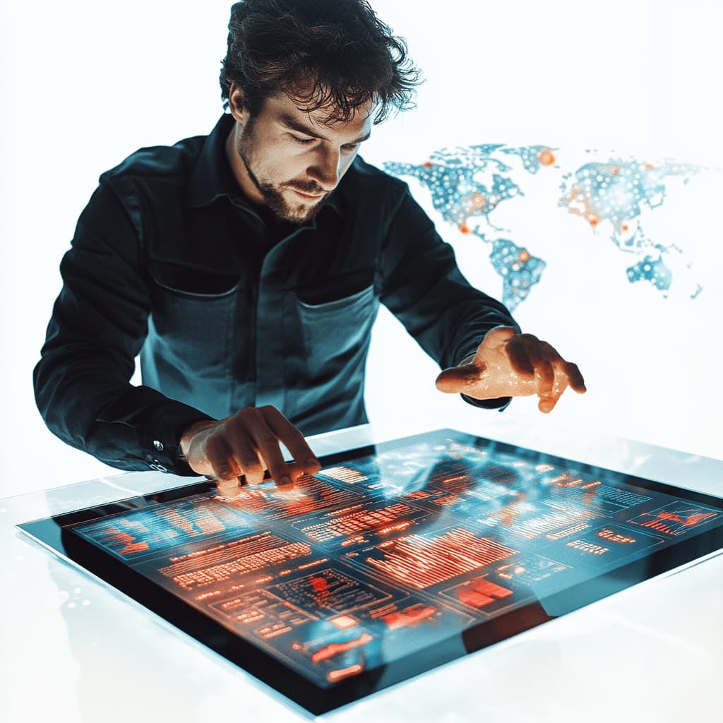 A futuristic trading desk with holographic displays, showing a trader using advanced AI tools for automated stock trading. ai generated