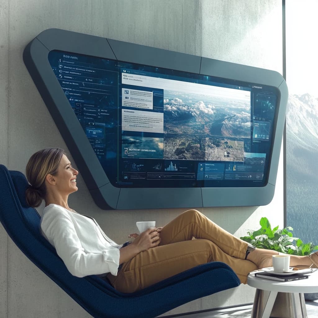 A futuristic workspace showing an interactive wall display with real-time travel updates like weather forecasts, local event alerts, and flight schedules. ai generated for a Travel Custom GPT.