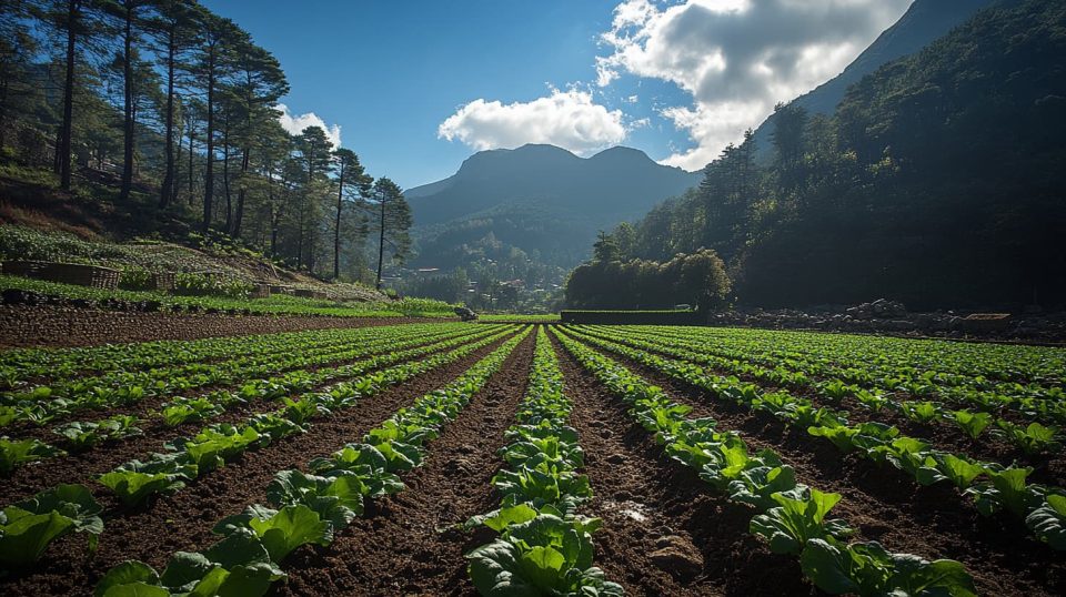 A garden filled with staggered rows of vegetables at different growth stages, such as newly sprouted seedlings, young plants, and mature crops ready for harvest. ai generated