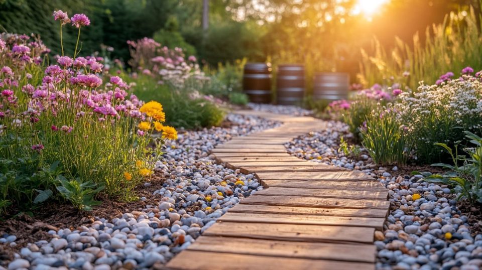 A garden with a drip irrigation system in action, rainwater barrels in the background. ai generated