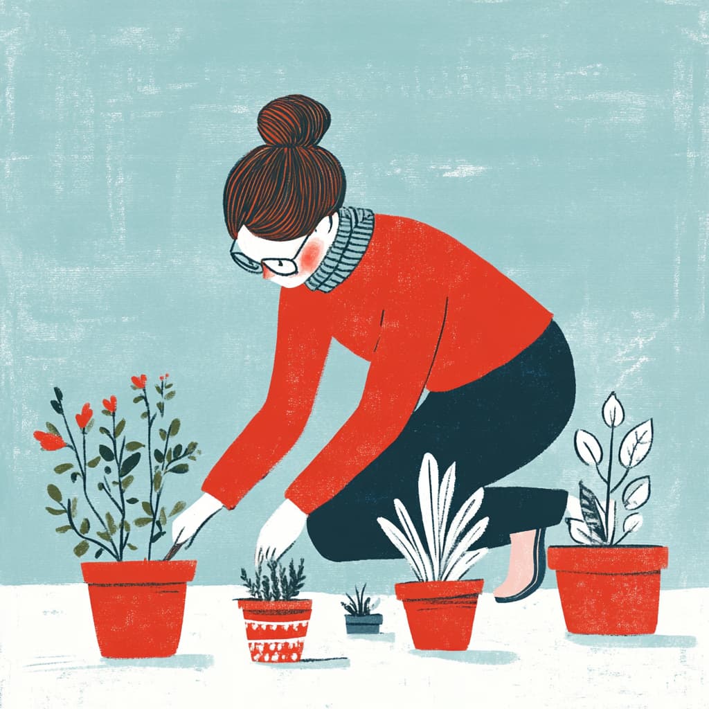 A gardener tending to various plants, each representing a different personality or need. ai generated